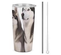 BVKWNTSA Gobelet de voyage isotherme en acier inoxydable avec couvercle et paille, motif chiens husky, réutilisable