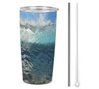 BVKWNTSA Gobelet de voyage isotherme en acier inoxydable avec couvercle et paille - Réutilisable - Motif paysage marin - Bleu océan