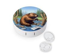 BVKWNTSA L'étui rond portable pour lentilles de contact imprimé castor est élégant et compact, facile à transporter et protège les lentilles.
