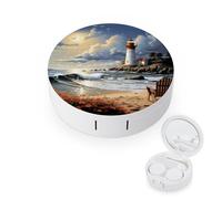 BVKWNTSA L'étui rond portable pour lentilles de contact imprimé phare de mer Sandbeach est élégant et compact, facile à transporter et protège les lentilles.