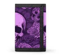 BVKWNTSA Portefeuille à trois volets élégant et durable avec imprimé crânes et roses violets, emplacements pour cartes, grande capacité et portable, Crânes et roses violets, Taille unique