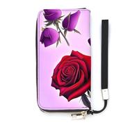 BVKWNTSA Portefeuille tendance en cuir avec imprimé roses rouges et violettes de grande capacité, design à compartiments intérieurs multiples pour répondre à vos différents besoins de voyage