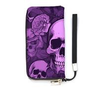 BVKWNTSA Portefeuille tendance en cuir imprimé tête de mort et roses violets de grande capacité, design à compartiments intérieurs multiples - répond à vos différents besoins de voyage