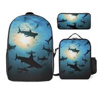 BVKWNTSA Sac à dos 3 en 1 avec motif requins marteaux, boîte à déjeuner et trousse à crayons