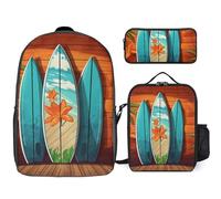 BVKWNTSA Sac à dos 3 en 1 avec planche de surf en bois imprimé pour adolescent avec boîte à lunch et trousse à crayons