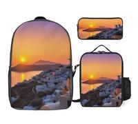 BVKWNTSA Sac à dos 3 en 1 imprimé paysage île de Grèce avec boîte à déjeuner et trousse à crayons