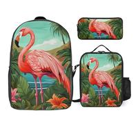 BVKWNTSA Sac à dos 3 en 1 pour adolescent imprimé flamant rose tropical avec boîte à déjeuner et trousse à crayons