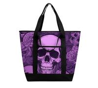 BVKWNTSA Sac à provisions isotherme de grande capacité avec imprimé crânes et roses violets - Tissu Oxford imperméable, adapté pour le shopping, les pique-niques et autres scénarios