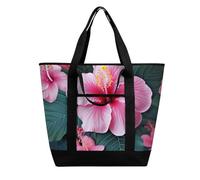 BVKWNTSA Sac à provisions isotherme grande capacité avec imprimé floral rose hawaïen - Tissu Oxford imperméable, adapté pour le shopping, les pique-niques et autres scénarios