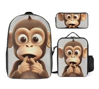 BVKWNTSA Teen The Silent Monkey Cartable imprimé avec boîte à lunch et trousse à crayons Sac à dos 3 en 1