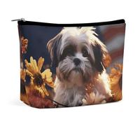 BVNMT Trousse de maquillage portable de grande capacité - Sac de rangement de voyage - Motif hibou violet - Pour femmes et filles, Shih Tzu Chien et Fleurs, Taille unique