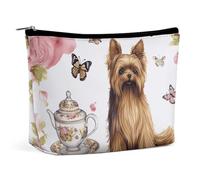 BVNMT Trousse de maquillage portable de grande capacité - Trousse de maquillage de voyage - Sac de rangement Yorkshire Terrier - Thé - Papillons et roses - Trousse de toilette imprimée pour femmes et