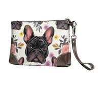 bvxcdd Pochette en cuir avec imprimé bouledogue français, bracelet en cuir véritable, sac de rangement pour soirées, rendez-vous galants, mariages et cadeaux, Bouledogue français et fleurs, Taille