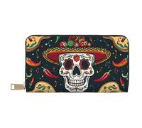 bvxcdd Portefeuille long imprimé crâne mexicain - Portefeuille élégant en cuir synthétique avec 12 emplacements pour cartes et poche zippée pour pièces de monnaie pour un usage quotidien, les voyages