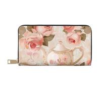 bvxcdd Tasses à thé avec roses - Style shabby romantique - Portefeuille élégant en cuir synthétique avec 12 emplacements pour cartes et poche zippée pour pièces de monnaie - Pour un usage quotidien