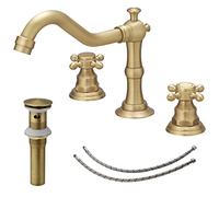 BWE 3 Hole Bathroom Faucet BWE Widespread 2 Handles Cross Knobs Antique Brass Sink Faucet Basin Mixer Tap Matching Metal Pop Up Drain with Overflow and Supply Lines
