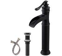 BWE Robinet d'évier cascade noir mat avec bonde pop-up sans trop-plein et lignes d'alimentation Robinets de salle de bain pour évier 1 trou à une poignée robinet mitigeur de bain