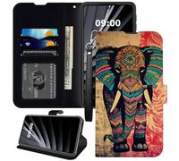BWEGRHE Étui portefeuille pour Samsung Galaxy A14 5G, motif éléphant bohémien - Dragonne - Housse intérieure en similicuir TPU - Boucle magnétique - Béquille - Avec fente pour carte de crédit