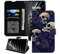 BWEGRHE Étui portefeuille pour Samsung Galaxy A14 5G, motif tête de mort et fleur violette avec dragonne, étui intérieur en TPU, boucle magnétique, béquille avec fente pour carte de crédit