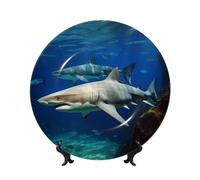 BWLHJKE Assiette décorative en porcelaine anglaise avec motif de deux requins blancs - Assiettes à dîner personnalisées en porcelaine avec support de présentation - Assiette décorative en céramique