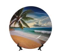 BWLHJKE Assiette décorative en porcelaine anglaise avec motif de palmier et plage de sable - Assiettes à dîner personnalisées en porcelaine avec support de présentation - Assiette décorative en