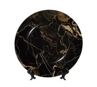 BWLHJKE Assiette décorative en porcelaine anglaise en marbre doré et noir avec image - Assiettes à dîner personnalisées en porcelaine avec présentoir - Assiette décorative en céramique pour décoration