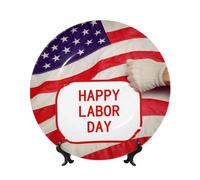 BWLHJKE Assiette décorative en porcelaine anglaise Happy Labor Day avec image - Assiettes à dîner personnalisées en porcelaine avec support de présentation - Assiette décorative en céramique pour