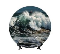 BWLHJKE Assiette décorative en porcelaine anglaise The Sea Waves avec image personnalisée - Assiettes à dîner en porcelaine avec présentoir - Assiette décorative en céramique pour décoration murale