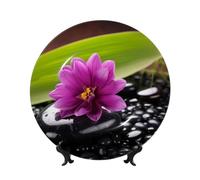 BWLHJKE Assiette décorative en porcelaine anglaise violette avec pierre noire - Assiettes à dîner personnalisées en porcelaine avec support de présentation - Assiette décorative en céramique pour