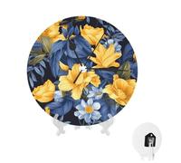 BWLHJKE Horloge murale ronde moderne à piles avec base bleue, motif floral jaune, 25,4 cm, horloge murale silencieuse sans tic-tac, grande horloge analogique décorative pour bureau, cuisine, salon
