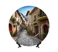 BWLHJKE Italian Town Street Assiette décorative en porcelaine anglaise avec image - Assiettes à dîner personnalisées en porcelaine avec présentoir - Assiette décorative en céramique pour décoration