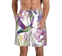 BWLHJKE Short de bain pour homme avec poches à séchage rapide Motif colibris et fleurs d'iris, Blanc, S