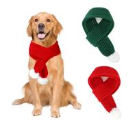 BWOGUE Lot de 2 écharpes de Noël tricotées pour chien, bandana d'hiver chaud avec pompon blanc pour chiens de taille moyenne et grande (rouge, vert)