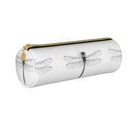 BWPDPXFJ Trousse à crayons en cuir écologique avec fermeture éclair et motif libellule noire et blanche - Organiseur cylindrique compact pour l'école, le bureau et les voyages, blanc, Taille unique