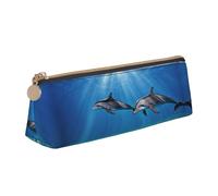 BWPDPXFJ Trousse à crayons triangulaire en cuir avec motif dauphins in the sea - Organiseur écologique avec fermeture éclair de qualité supérieure pour l'école, le bureau et les voyages, blanc, Taille
