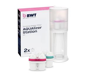 BWT Filtre à eau de table AQUAlizer Station | Pack avantage avec 2 cartouches filtrantes et carafe en verre supplémentaire