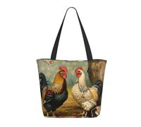 BWWHCCTI Sac fourre-tout imprimé poulet et coq avec fermeture éclair, mignon sac d'épicerie réutilisable sac à bandoulière pour le shopping, la plage, les voyages, le travail