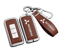 BXJNDM Étui Clé Voiture avec pour Mitsubishi Outlander Lancer Ex ASX Pajero Sport L200, Cas Couverture Voiture Porte Clef Voiture Sac Imperméable et Résistant Aux Rayures,Brown- Silver Bracelet