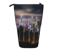 Bxzpzplj Trousse à crayons rétractable avec drapeau américain et feu d'artifice pour bureau, papeterie, trousse à crayons, Vue aérienne de nuit de Hong Kong1, Taille unique