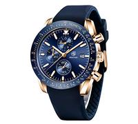 BY BENYAR Chronographe à Quartz Analogique Homme - Étanche 30 m - Affichage Lumineux Date - Montre de Loisirs et Sport en Cuir, Doré/Bleu