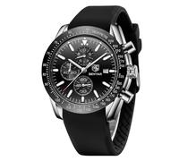 BY BENYAR Montre chronographe à Quartz analogique pour Homme - Étanche à 30 m - Affichage Lumineux de la date - Montre de Loisirs - Montre de Sport en Cuir., Noir/argenté
