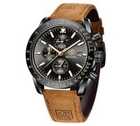 BY BENYAR Montre Homme Chronographe Analogique Quartz Etanche Lumineuses Classique Mode Affaires Sport Montres Bracelet en Cuir Marron Grand Cadran Date Montre Cadeau élégant pour Hommes