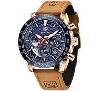 by BENYAR Montre Homme Etanche Chronographe Lumineuses Classique Montres Bracelet en Cuir Grand Cadran Date Analogique Homme Cadeau élégant, Brown Gold Blue, Leather, Sangle
