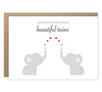 BYANIKA Carte pour nouveau-né jumeaux | Nouvelle maman, mère, papa, naissance d'un nouveau-né garçon, fille, fils fille | Bienvenue au monde Hello Little Ones | Baby Shower | Motif éléphant et cœur |