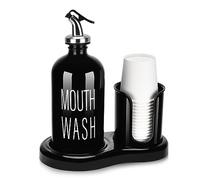 BYAWAY Distributeur de Bain de Bouche en Verre avec Porte-gobelet, Ensemble de Bain de Bouche pour Salle de Bain, conteneur Rechargeable de 473,6 g avec 14 Tasses, Entonnoir (Noir)