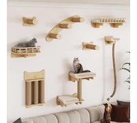 BYBYME Ensemble Mural d'escalade pour Chat en Bois Naturel, 8 pièces Robustes avec griffoirs, Plate-Forme pour Chaton, Corde en sisal de 100 cm et lit pour Dormir, Jouer et se détendre (Bois Naturel