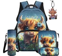 BYCHECAR Ensemble sac à dos et boîte à déjeuner 5 en 1 pour enfants pour l'école primaire et maternelle, garçons et filles, Cool Highland Cow, L, Décontracté