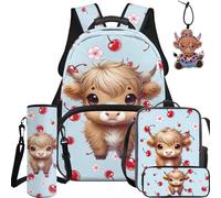 BYCHECAR Lot de 5 sacs à dos d'école et boîte à déjeuner pour enfants pour l'école maternelle primaire garçons et filles, Blue Cherry Highland Cow, L, Décontracté