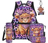 BYCHECAR Lot de 5 sacs à dos d'école et boîte à déjeuner pour enfants pour l'école maternelle primaire garçons et filles, Purple Leopard Highland Cow, L, Décontracté