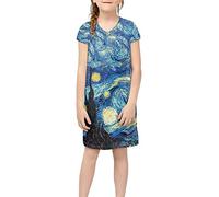 BYCHECAR Robe d'été décontractée à manches courtes pour filles, Van Gogh Starry Sky, 7-8 ans